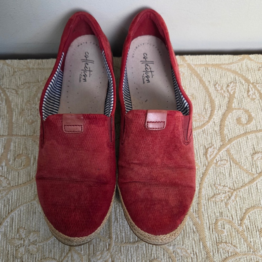 Clarks Collection Step Rose Sun Red Suede Slip On Espadrille Loafers Womens 8 M